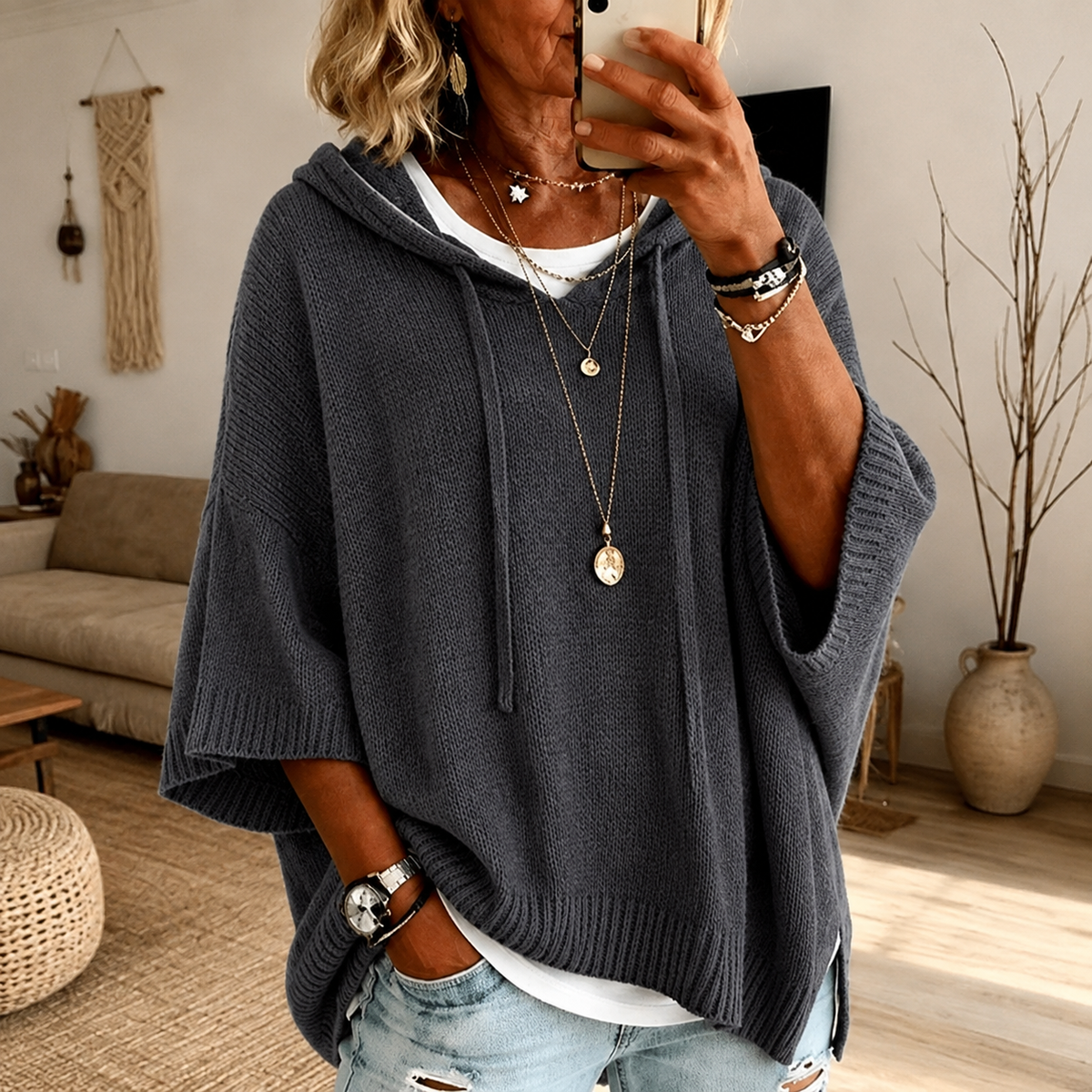 Poncho à capuche gris anthracite Agnès