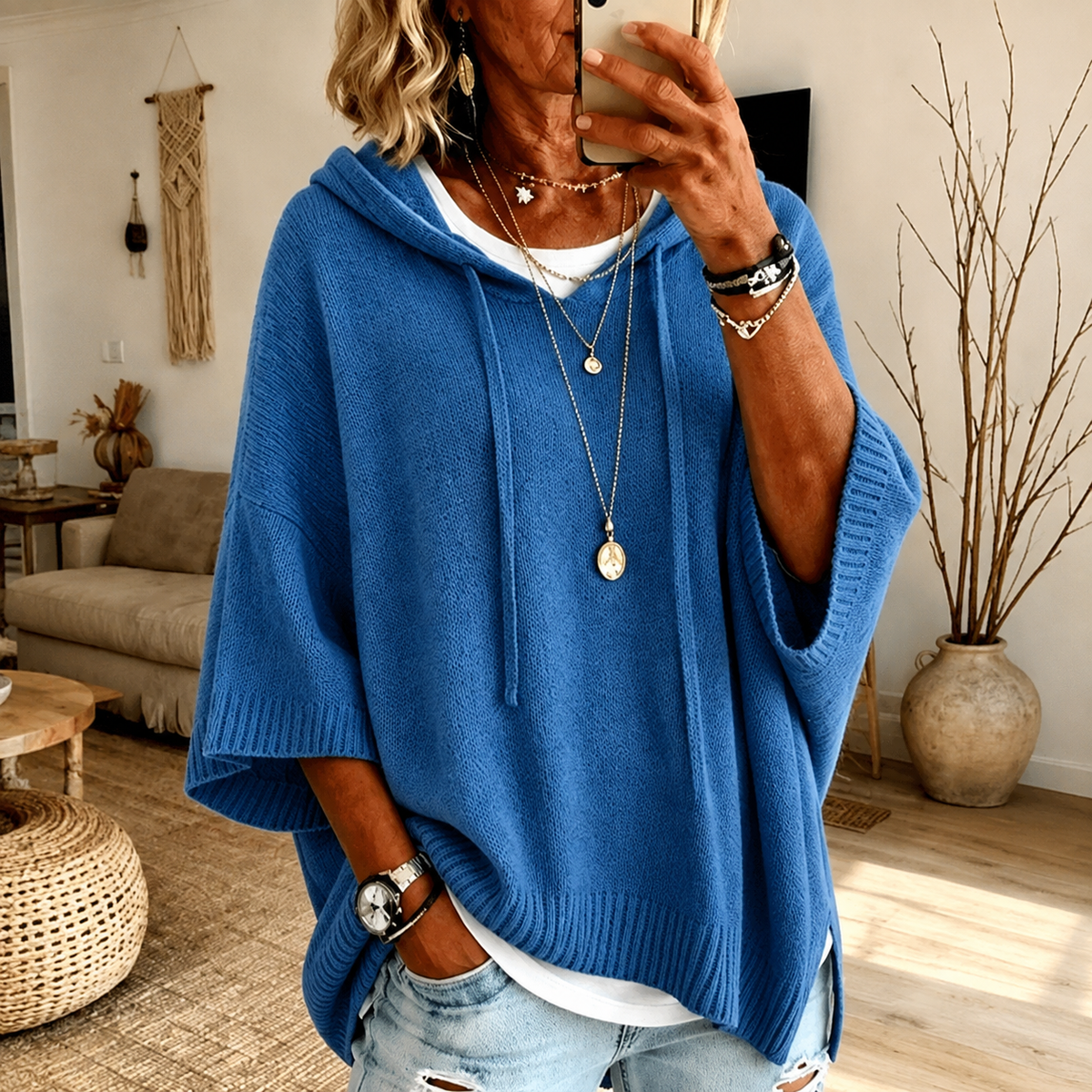Poncho à capuche bleu Nicole