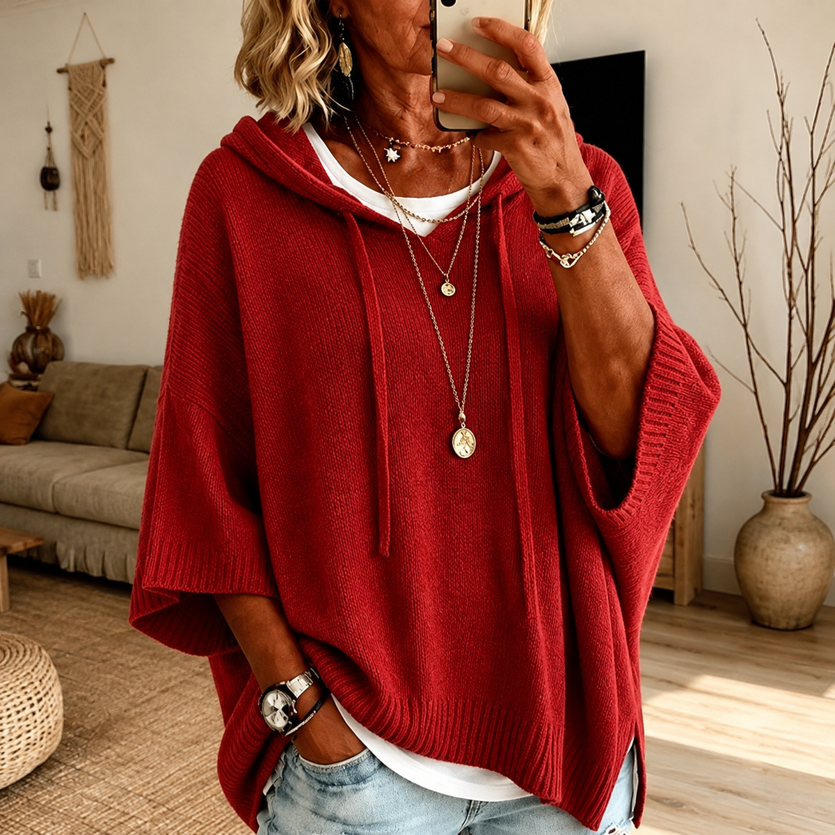 Poncho à capuche rouge Danielle