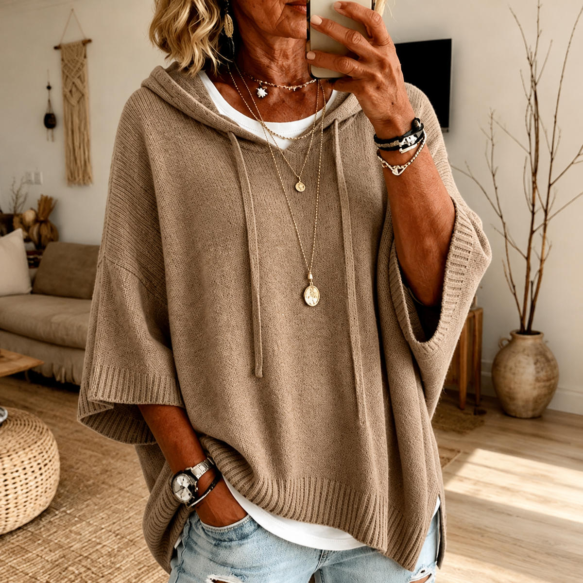 Poncho à capuche taupe Élise