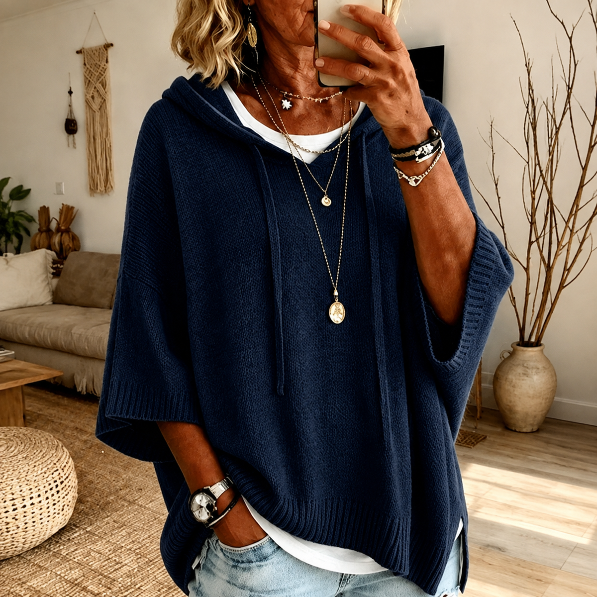 Poncho à capuche bleu marine Lise