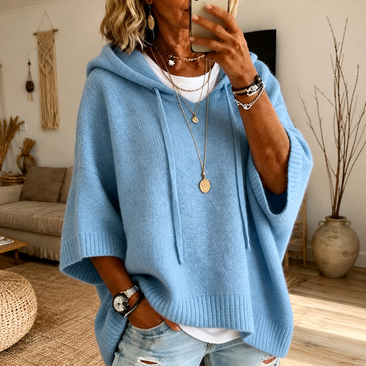 Poncho à capuche bleu ciel Amélie