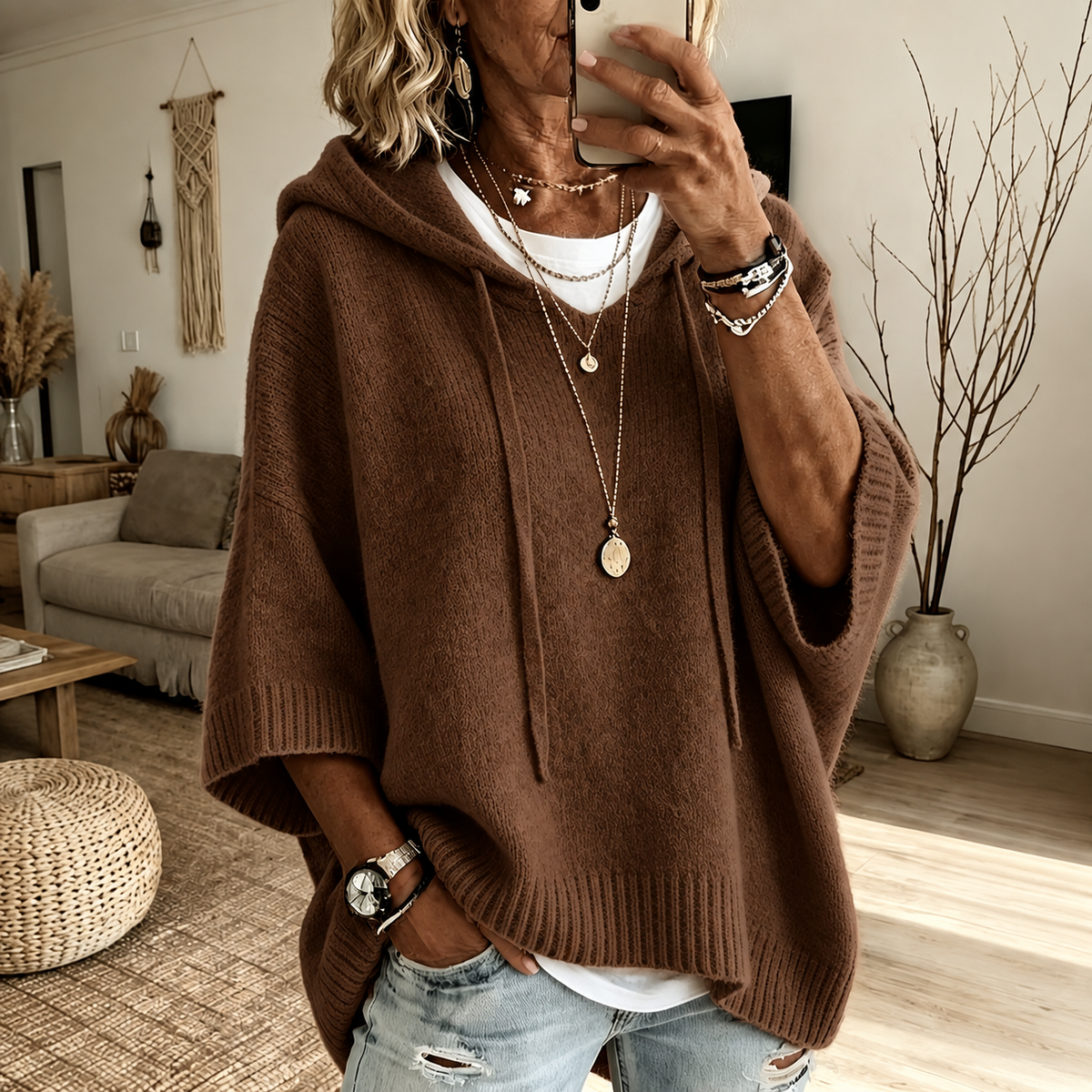 Poncho à capuche marron Louise