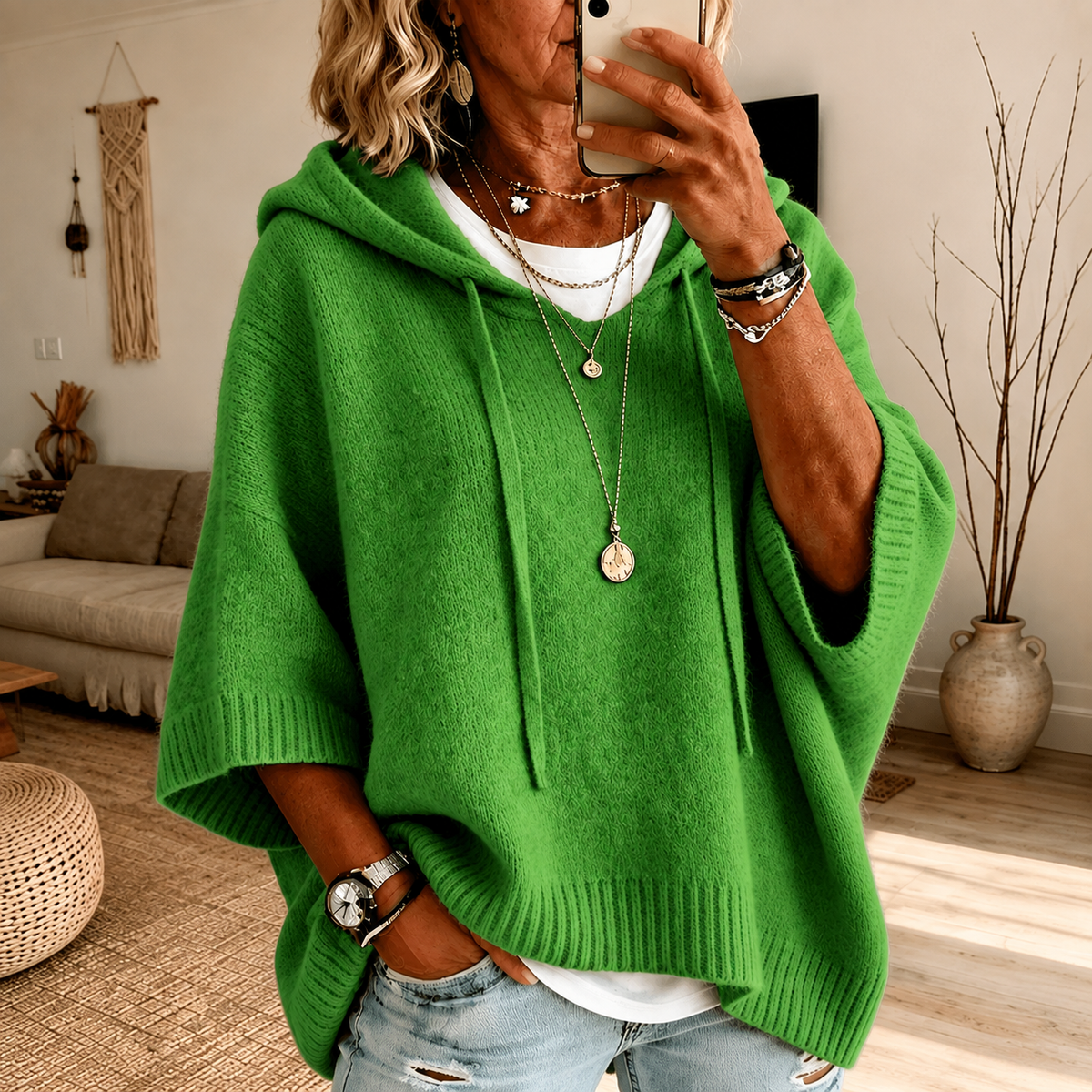 Poncho à capuche vert Mireille