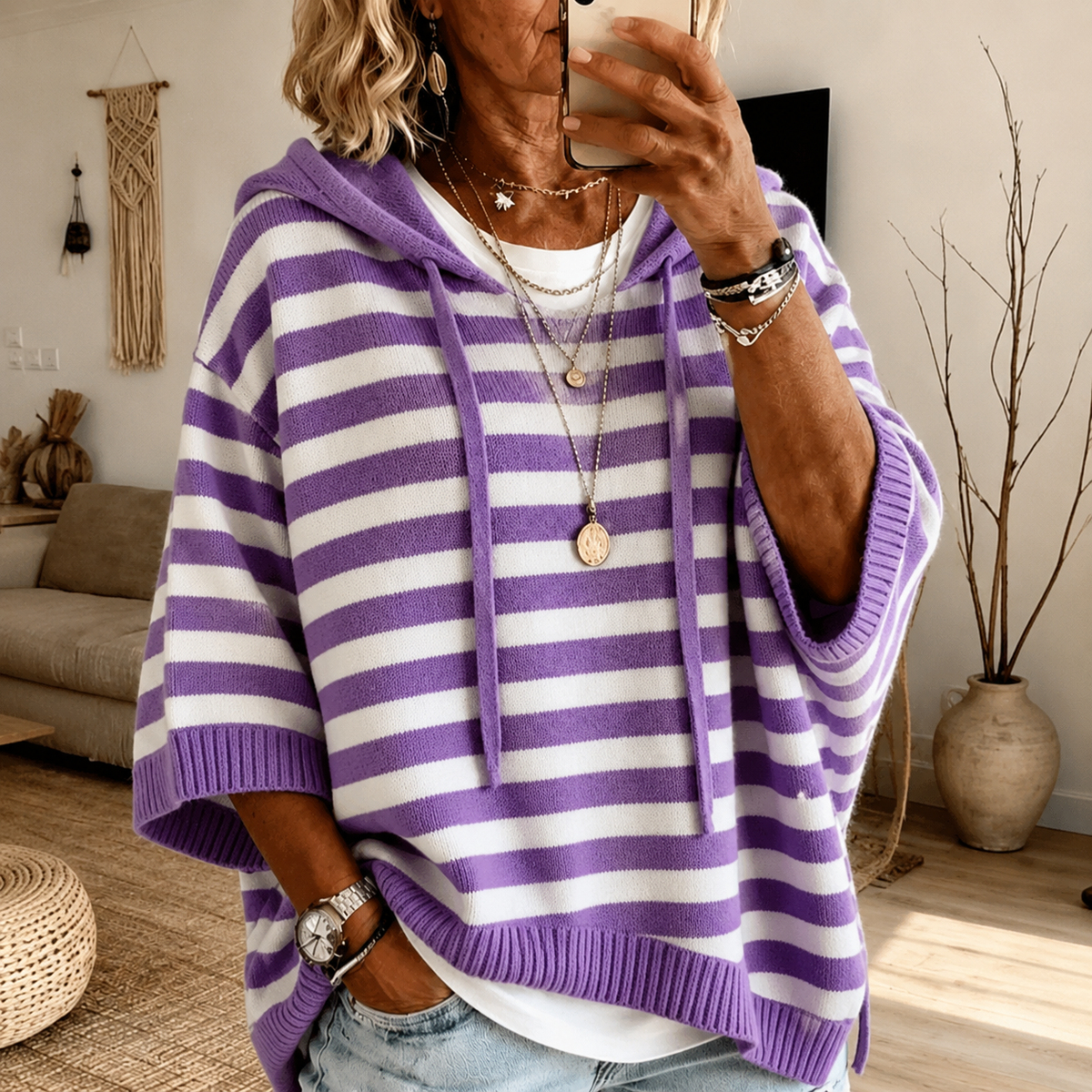Poncho à capuche rayé violet Fanny