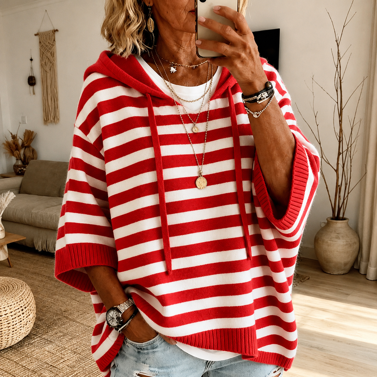 Poncho à capuche rayé Valérie