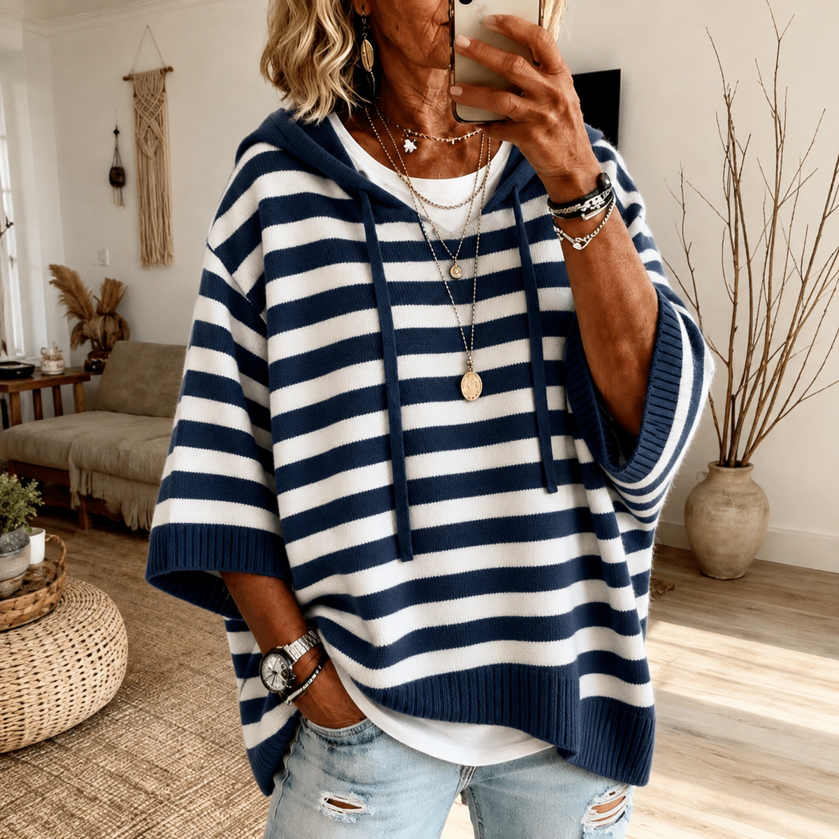 Poncho à capuche rayé bleu marine Joséphine