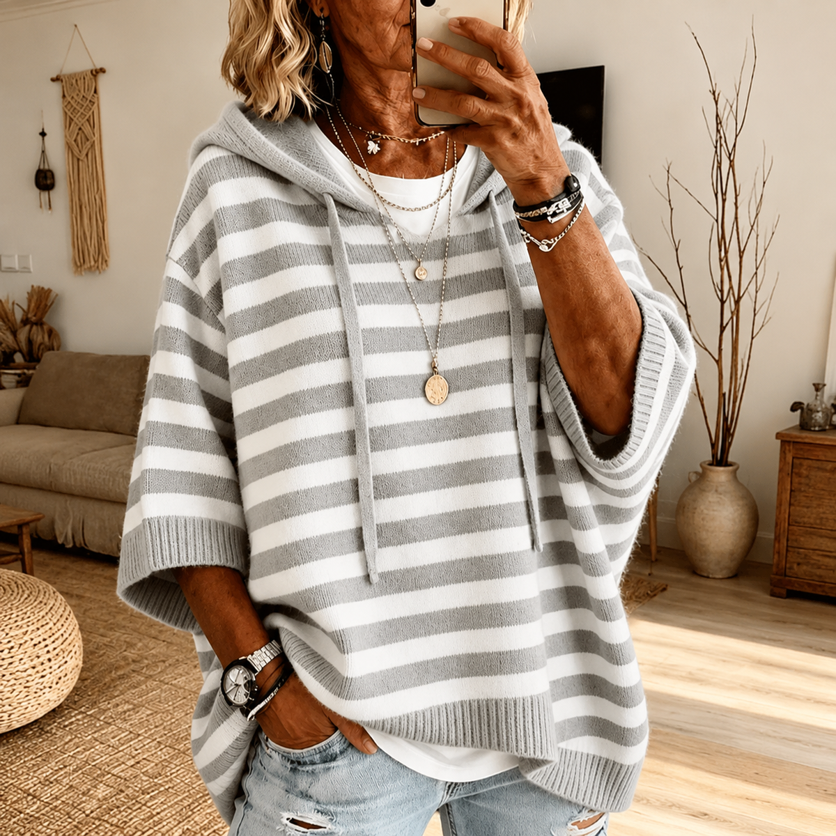 Poncho à capuche rayé gris Odile