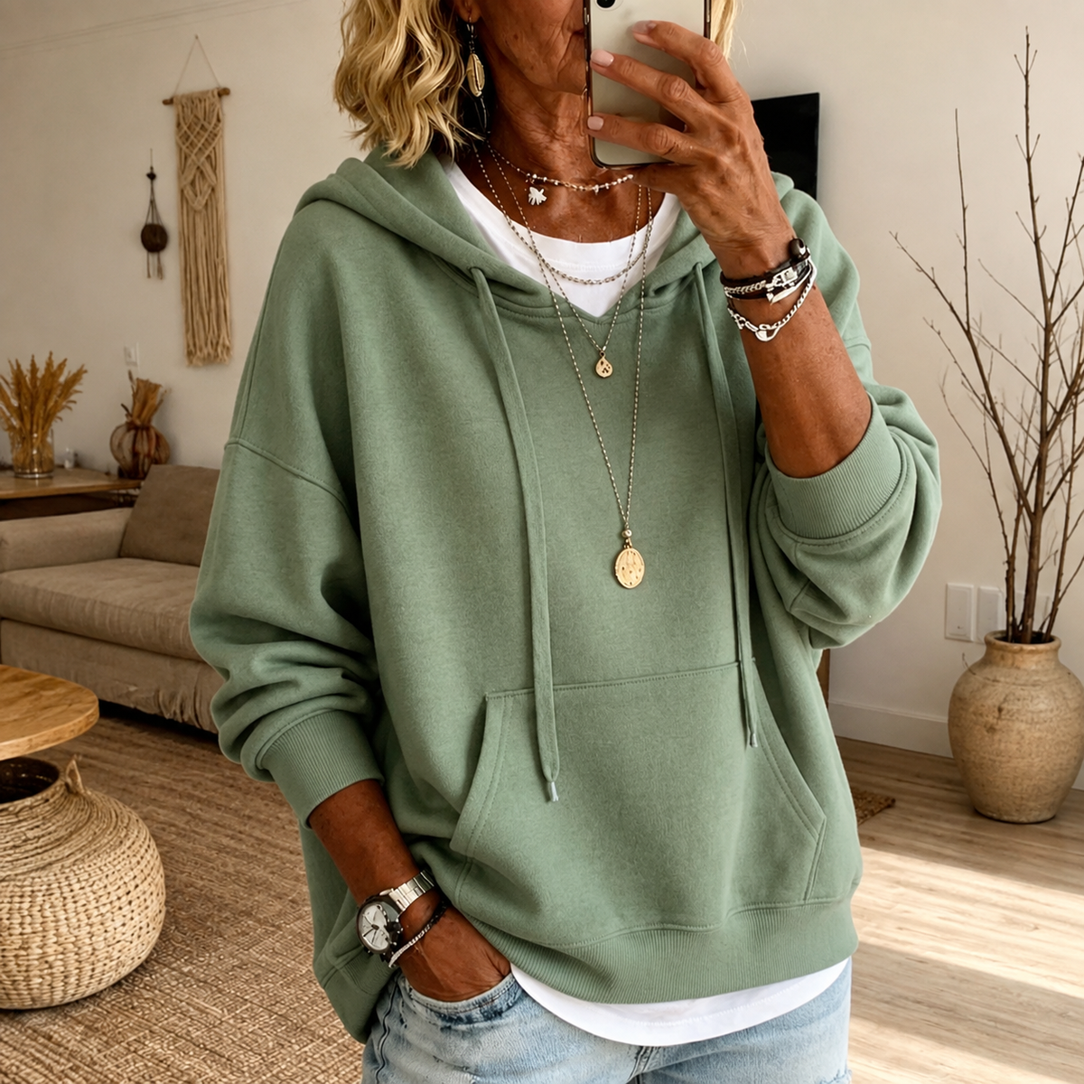 Sweat à capuche oversize vert sauge Charlotte