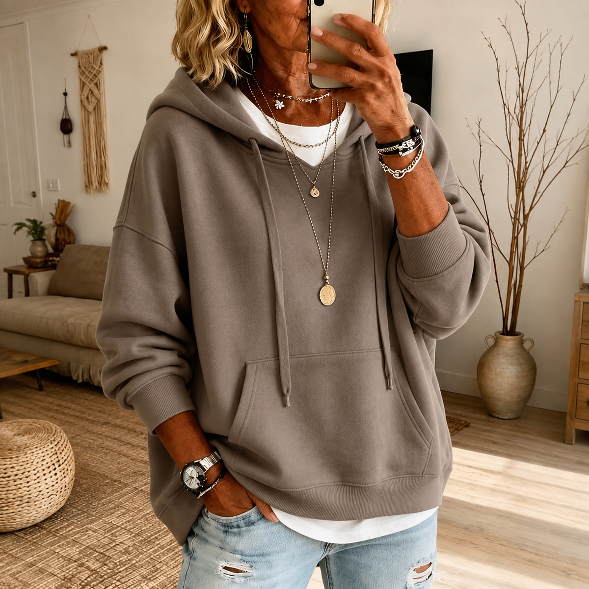 Sweat à capuche oversize taupe Laure
