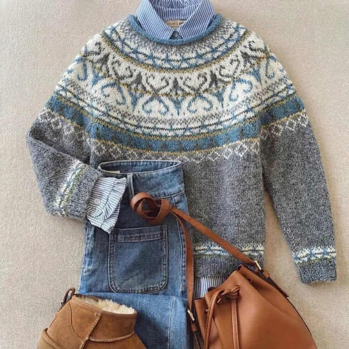 Pull norvégien gris à motif bleu Colette